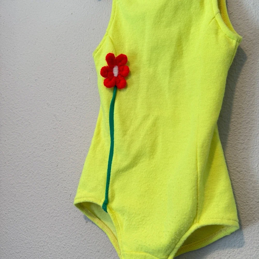 Kids Neon Yellow Sleeveless Leotard Bodysuit Red Flower Applique 3T